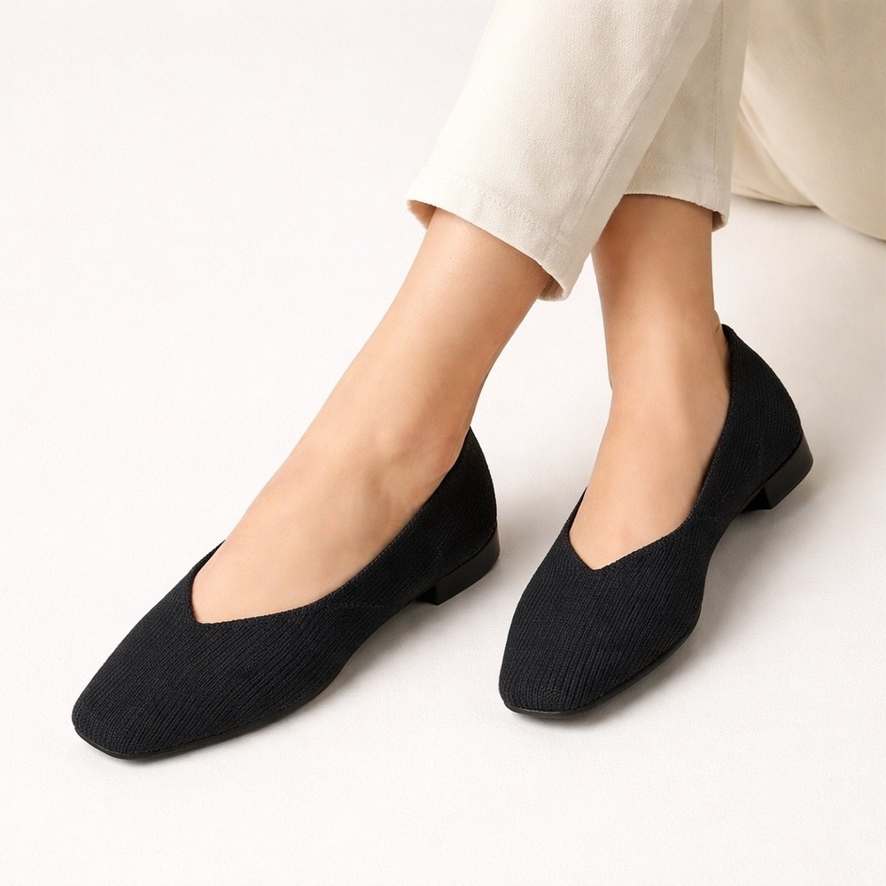 VIVAIA Black Square Toe V-Cut Knit Flats Comfort Sustainable EU/38 US/7-7.5